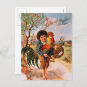 豪華な旧式な郵便はがきのイースター男の子のオンドリ シーズンポストカード (正面/裏面)