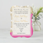 豪華な明るいピンクと金ゴールドのダマスク結婚 招待状 (スタンド正面)