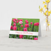 豪華な春ピンクのチューリップ花ハッピーバースデー カード (黄色い花)
