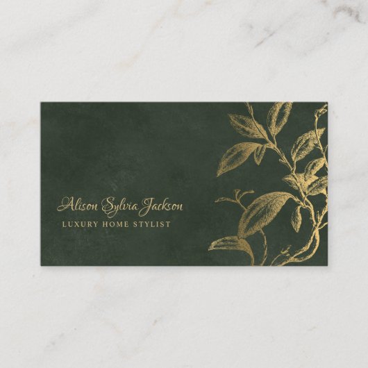 豪華な暗緑色のエレガントフェイク金ゴールド箔の葉 名刺 (正面)