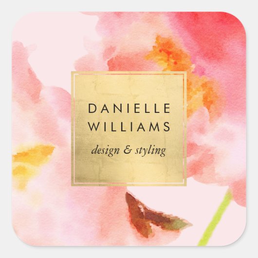 豪華な水彩ピンクの花模様(偽のゴールドフレーム付き) スクエアシール (正面)