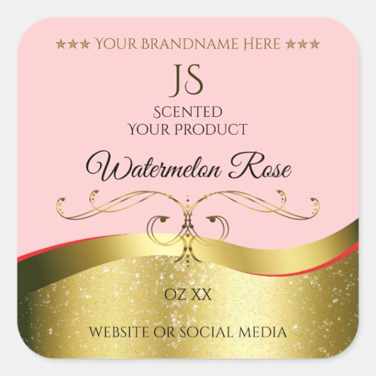 豪華な波状金ゴールドデコール明るい赤モノグラムラベル スクエアシール (正面)