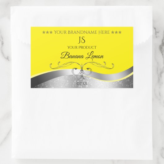 豪華な波状銀デコールイエローモノグラムラベル 長方形シール (バッグ)