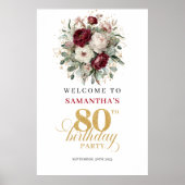 豪華な深紅の花の80歳の誕生日ウェルカムサイン ポスター (正面)