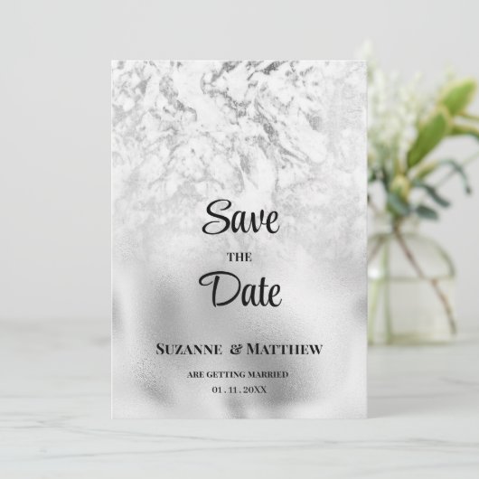 豪華な灰色の白い銀大理石日付を保存 招待状 (スタンド正面)