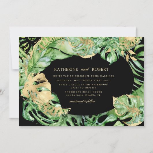豪華な熱帯の黄金の結婚葉 招待状 (正面)