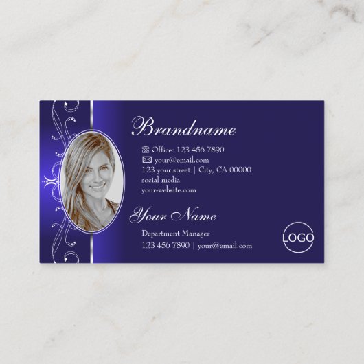 豪華な王室のブルーの四角い宝石のロゴ&写真 名刺 (裏面)