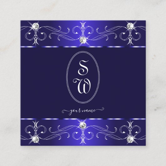 豪華な王室のブルー華美オーナメントイニシャル スクエア名刺 (正面)