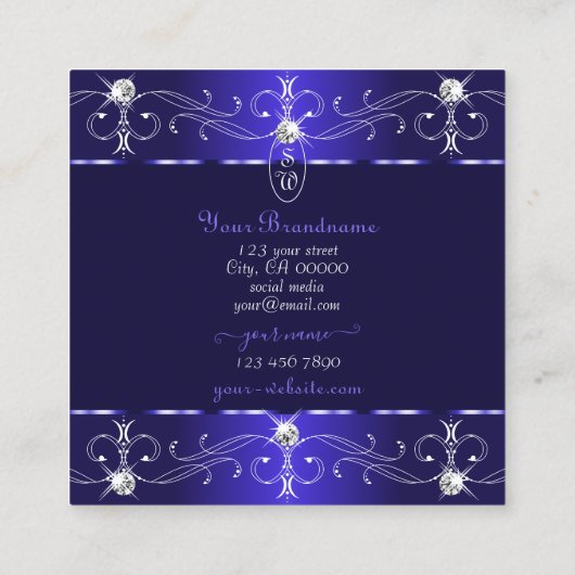 豪華な王室のブルー華美オーナメントイニシャル スクエア名刺 (裏面)