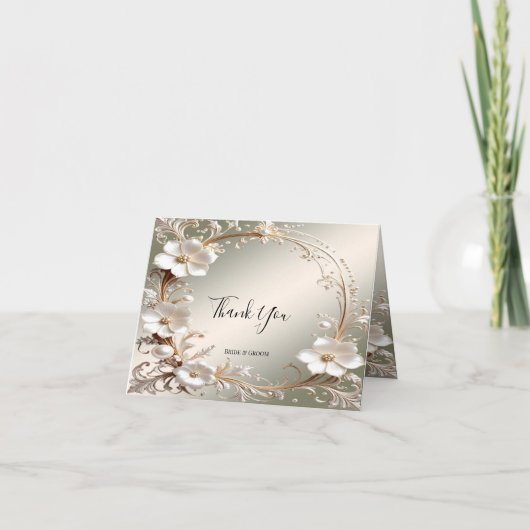 豪華な白い花柄フレームのサンキューカード サンキューカード (正面)