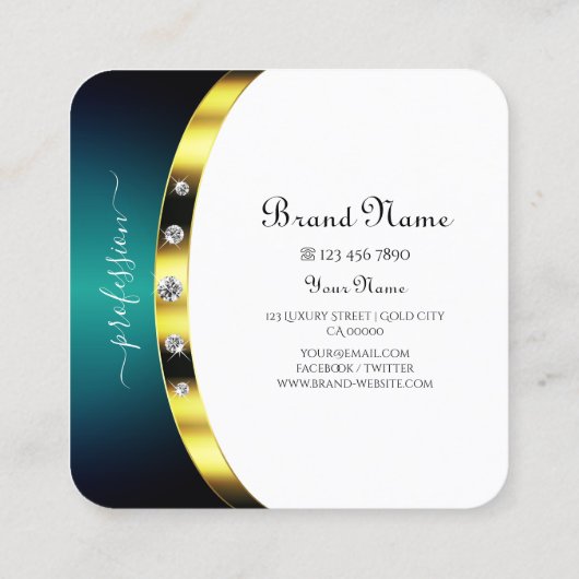 豪華な白金ゴールドブルーティール（緑がかった色）グラデーションモノグラム スクエア名刺 (裏面)