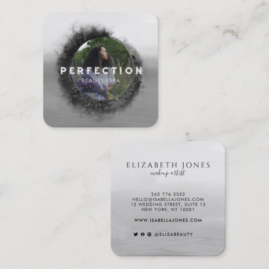 豪華な白黒の円のフレームフォト スクエア名刺 (正面/裏面)