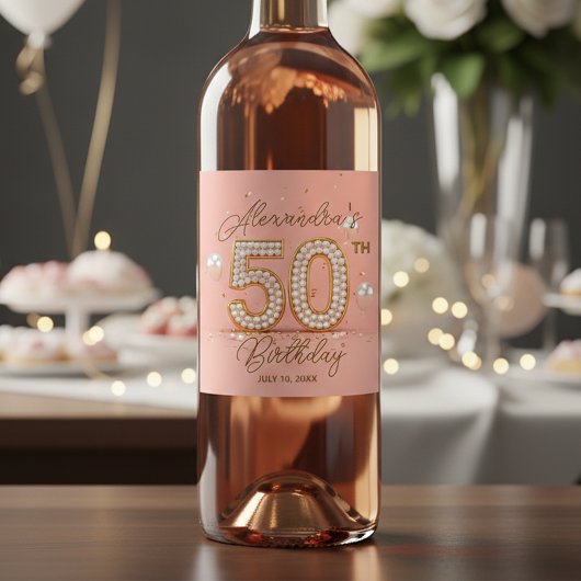 豪華な真珠のソフトピンクゴールド50歳の誕生日 ワインラベル