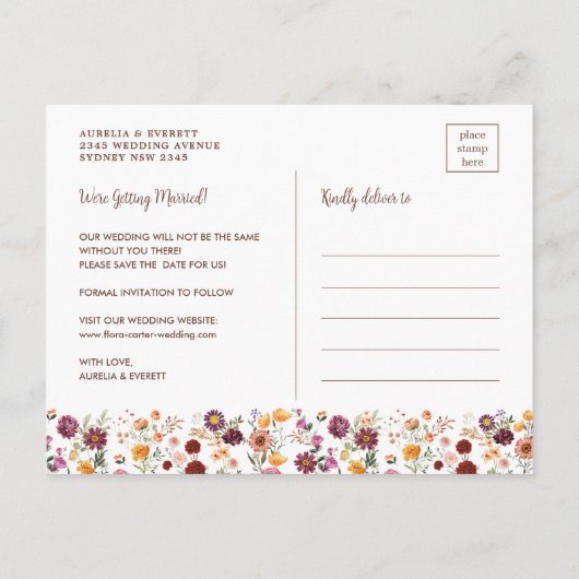 豪華な秋ワイルドフラワーウェディング日付を保存 案内ポストカード (裏面)