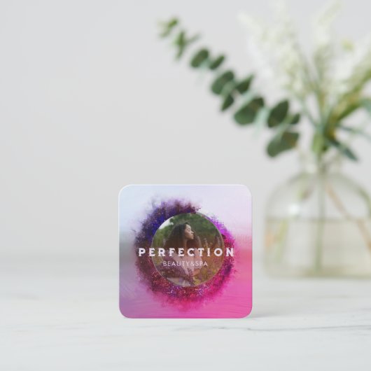 豪華な紫とピンクのグラデーション円のフレームフォト スクエア名刺 (スタンド正面)