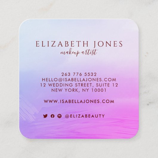 豪華な紫とピンクのグラデーション円のフレームフォト スクエア名刺 (裏面)
