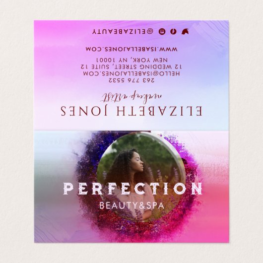 豪華な紫とピンクのグラデーション円のフレームフォト 名刺 (外部フラット)