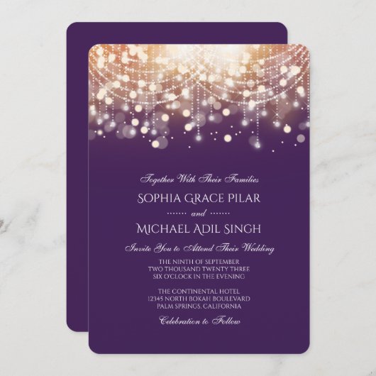 豪華な紫と金のボケライト 招待状 (正面/裏面)