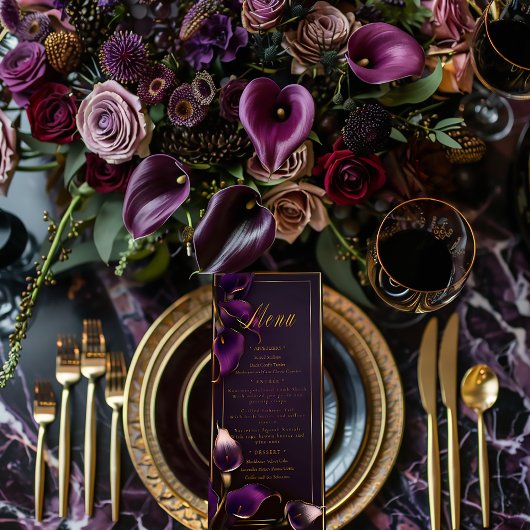 豪華な紫と金ゴールドのカラリリー結婚ズ メニュー