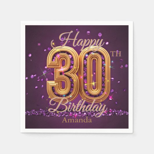 豪華な紫と金ゴールドの宝石30th誕生日 スタンダードカクテルナプキン (正面)