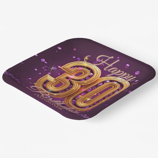 豪華な紫と金ゴールドの宝石30th誕生日 ペーパープレート (傾斜あり)