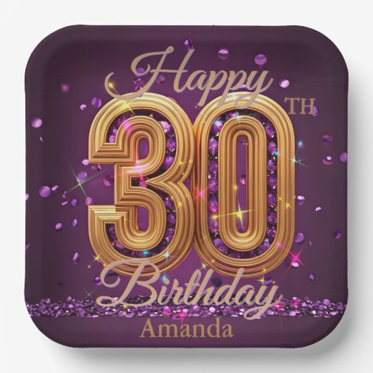 豪華な紫と金ゴールドの宝石30th誕生日 ペーパープレート (正面)