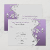 豪華な紫と銀の花の渦巻きメニュー返信カード 招待状 (正面/裏面)