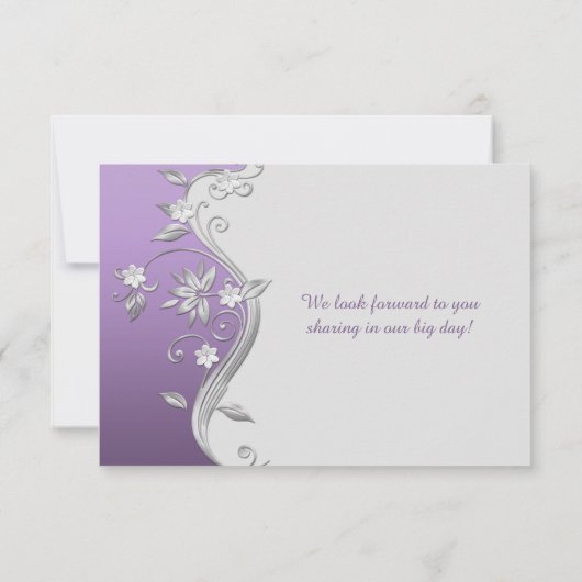 豪華な紫と銀の花の渦巻きメニュー RSVP 招待状 (裏面)