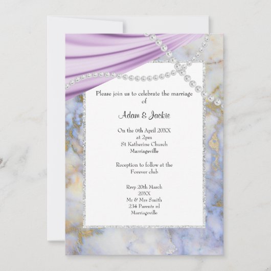 豪華な紫の大理石結婚真珠 招待状 (正面)