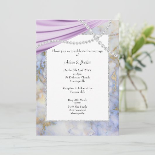 豪華な紫の大理石結婚真珠 招待状 (スタンド正面)