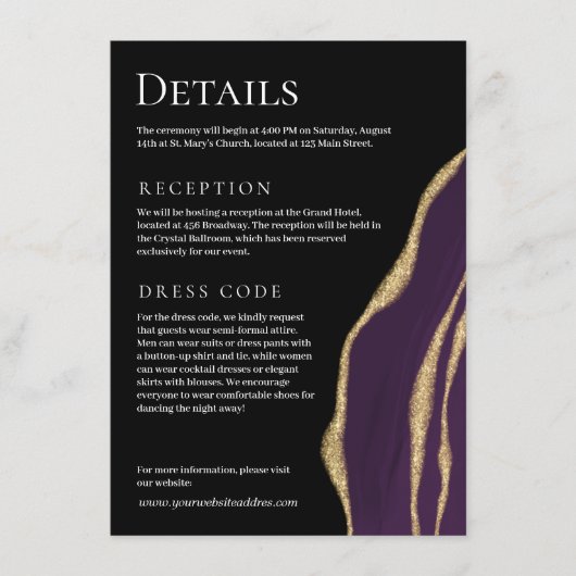 豪華な紫色の瑪瑙と金ゴールド エンクロージャーカード (正面)