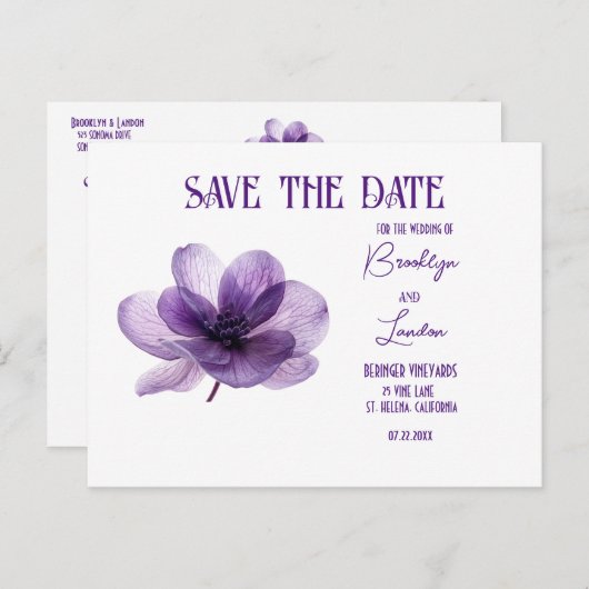豪華な紫色の花結婚式の日付を保存 案内ポストカード (正面/裏面)
