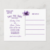 豪華な紫色の花結婚式の日付を保存 案内ポストカード (裏面)