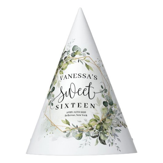 豪華な緑の葉の金ゴールドフレーム甘い16th パーティーハット (正面)