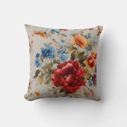 豪華な繊細な赤、青、黄色、ピンクの花 クッション (正面)