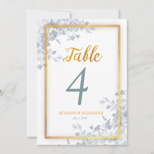 豪華な花のゴールドフレームカリグラフィーテーブルナンバー 招待状 (正面)