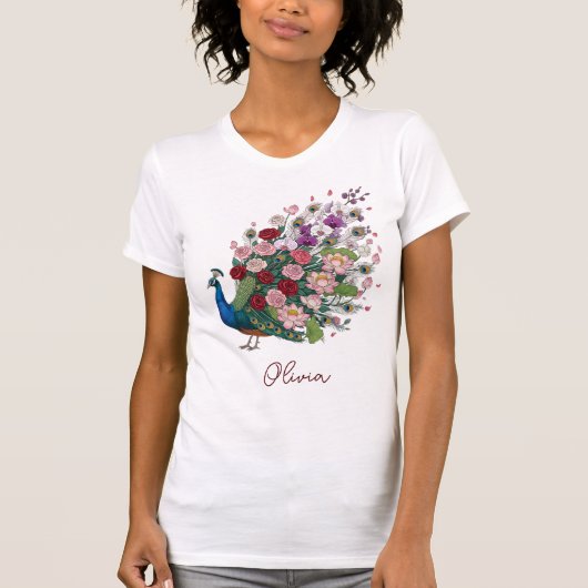豪華な花の孔雀 バラと蘭と蓮 Tシャツ (正面)