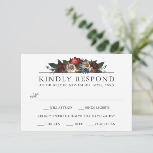 豪華な花の結婚式の出欠返信カード(食事選択付き) 出欠カード (スタンド正面)