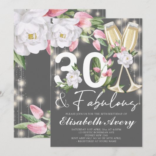 豪華な花の30歳誕生日パーティー 招待状 (正面/裏面)