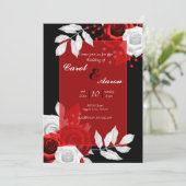 豪華な花をあしらった黒、白、赤のウェディング 招待状 (スタンド正面)