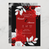 豪華な花をあしらった黒、白、赤のウェディング 招待状 (正面/裏面)
