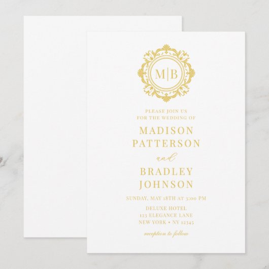 豪華な花モノグラム ウェディング エレガント ゴールド 招待状 (正面/裏面)