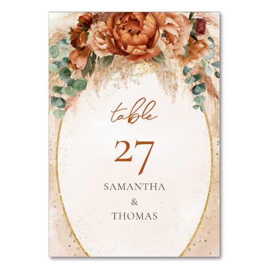 豪華な花束テラコッタブルゴーニュ牡丹セージ テーブルナンバー (正面)