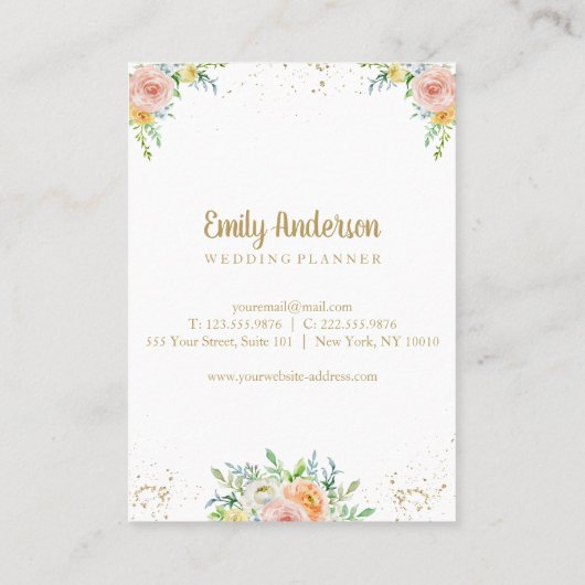 豪華な花柄こんにちはカード|金ゴールドおよび赤面は開花します 名刺 (裏面)