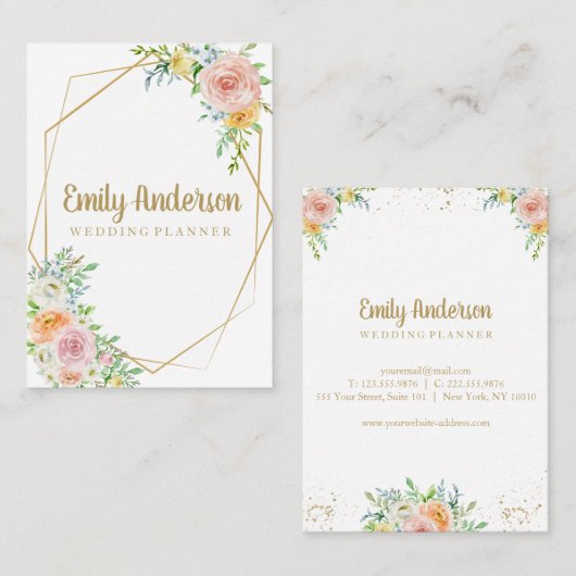 豪華な花柄こんにちはカード|金ゴールドおよび赤面は開花します 名刺 (正面/裏面)