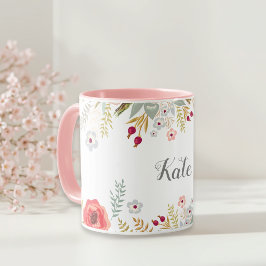 豪華な花柄のパーソナライズ名前ツートーン コーヒー マグカップ