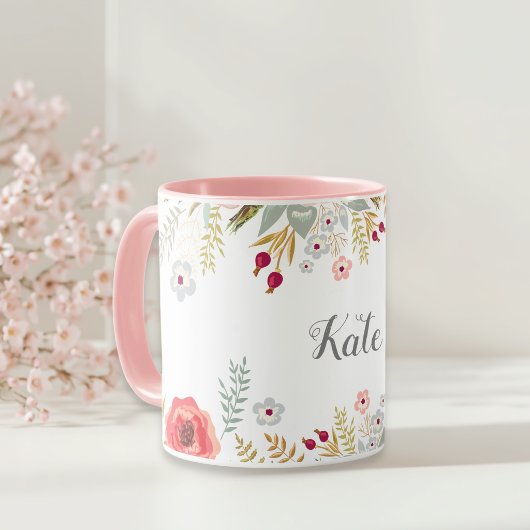 豪華な花柄のパーソナライズ名前ツートーン コーヒー マグカップ