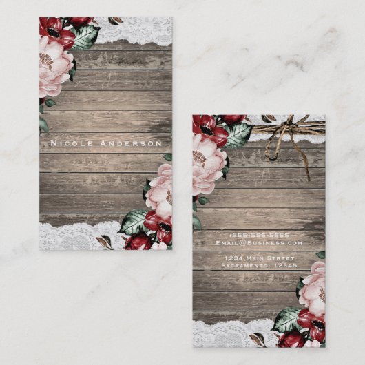 豪華な花柄の素朴な木材とレースのエレガントなカントリー 名刺 (正面/裏面)