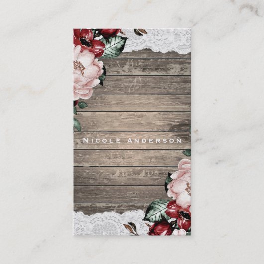 豪華な花柄の素朴な木材とレースのエレガントなカントリー 名刺 (正面)