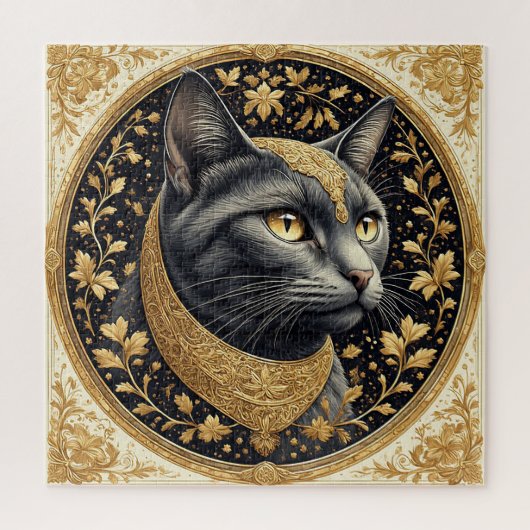 豪華な花柄の金色の装飾が施された威厳ある猫 ジグソーパズル (縦)